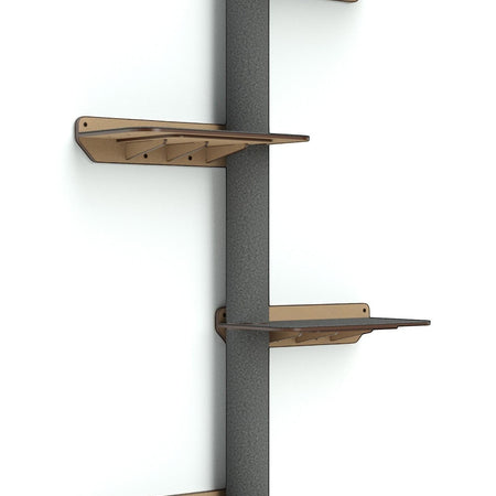 Gatitud Store modern grey wall-mounted cat tree with multiple wooden shelves and sisal scratching post.