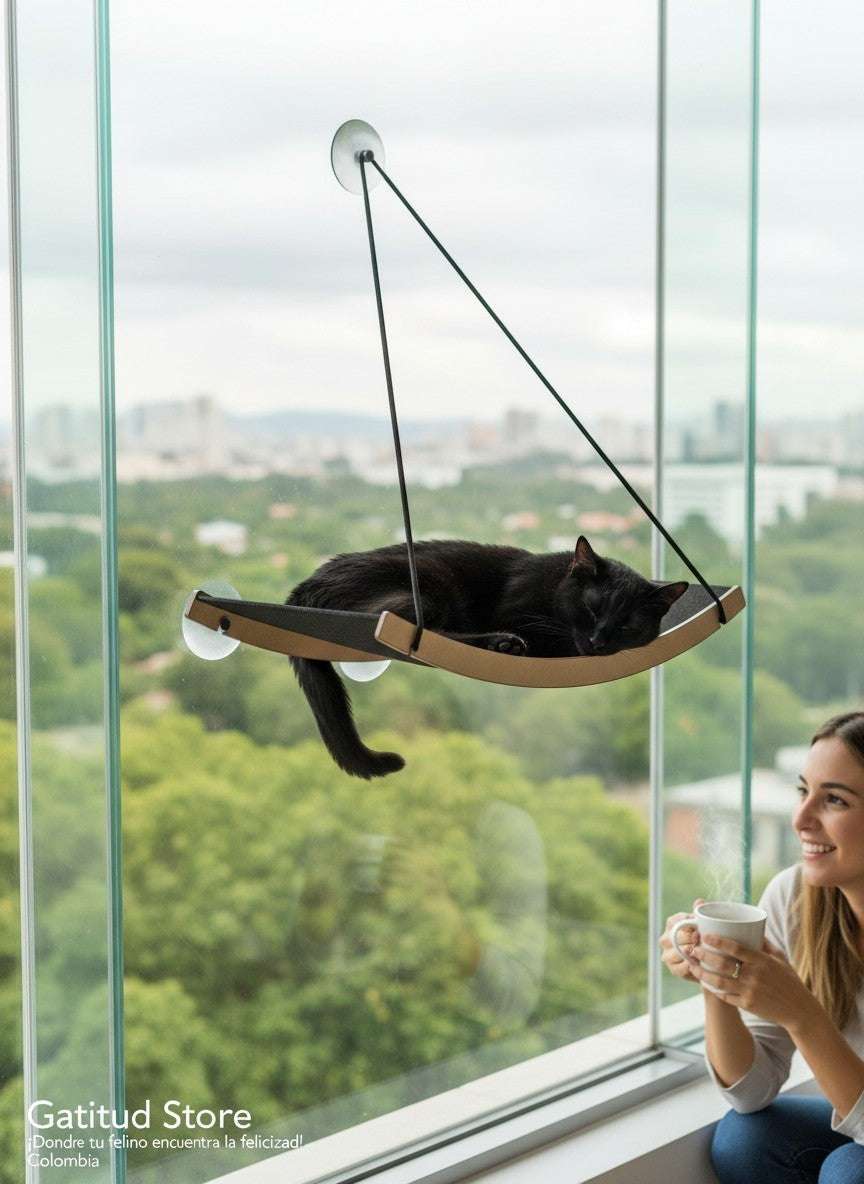 Gatitud Store window mounted cat hammock with a black cat sleeping peacefully. Features a curved design with suction cups and hanging cords.