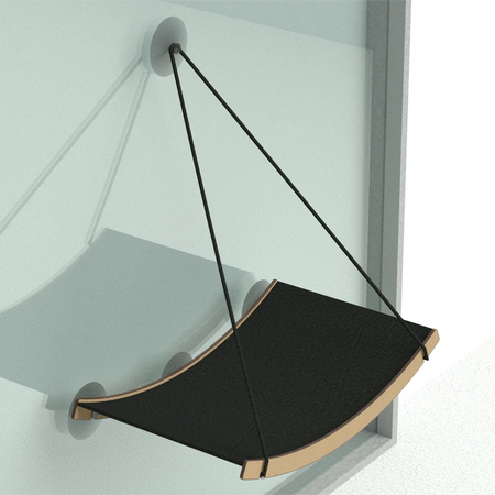 Gatitud Store black window-mounted cat hammock with wooden frame and suction cups, offering a comfortable perch.