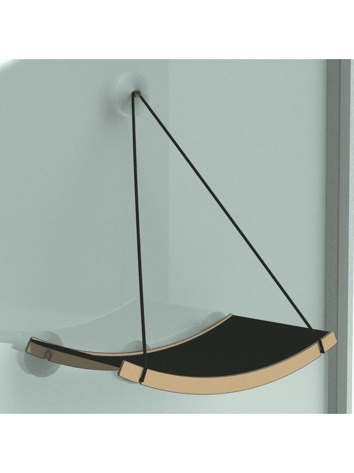 Gatitud Store window mounted cat hammock with black fabric and wood trim, secured by suction cups and rope.