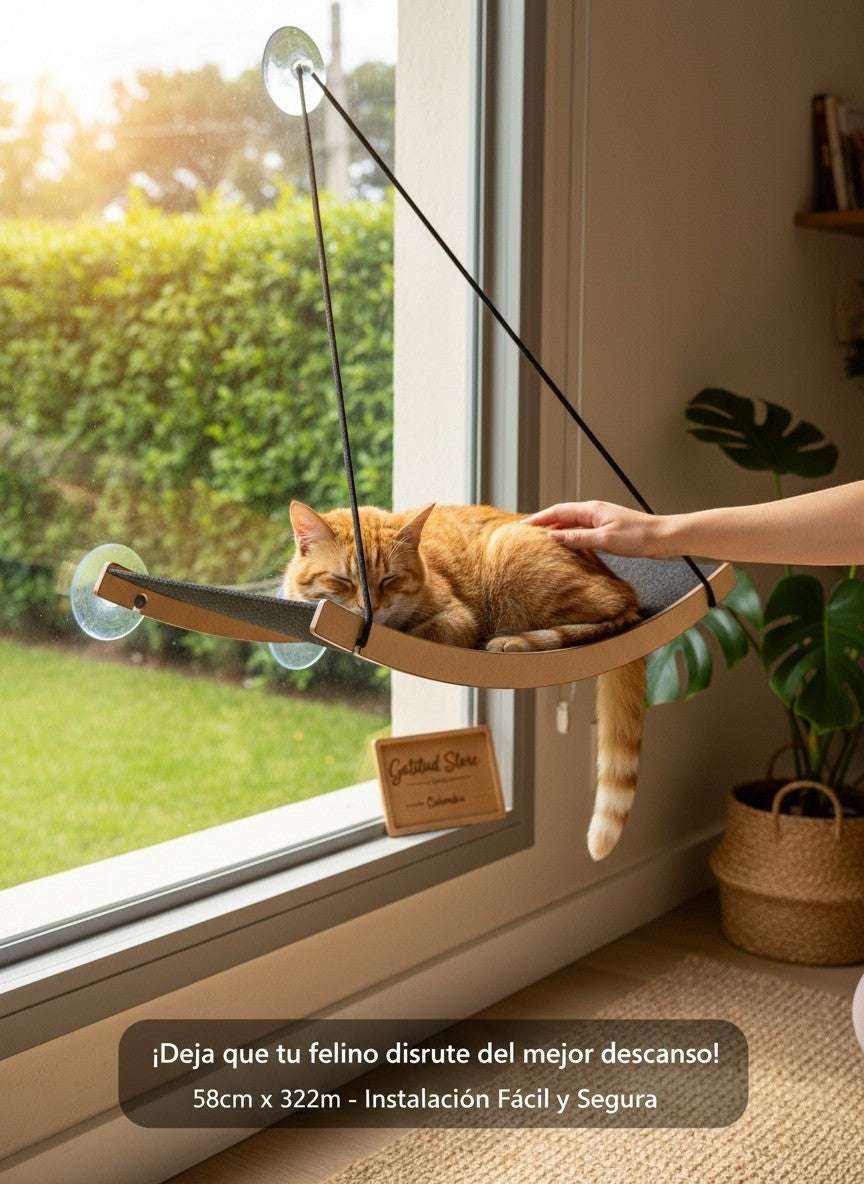 Gatitud Store window mounted cat hammock with grey fabric and wood frame, featuring an orange tabby cat sleeping peacefully.
