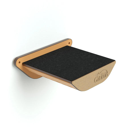 Gatitud Store natural wood cat perch with dark grey felt surface, mounted on a white wall.