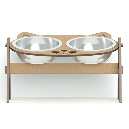 Gatitud Store cat face elevated pet feeder with two stainless steel bowls on a wooden stand.