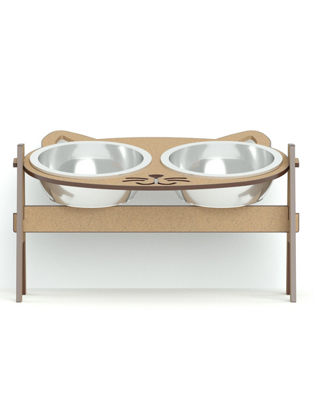 Gatitud Store cat face elevated pet feeder with two stainless steel bowls on a wooden stand.