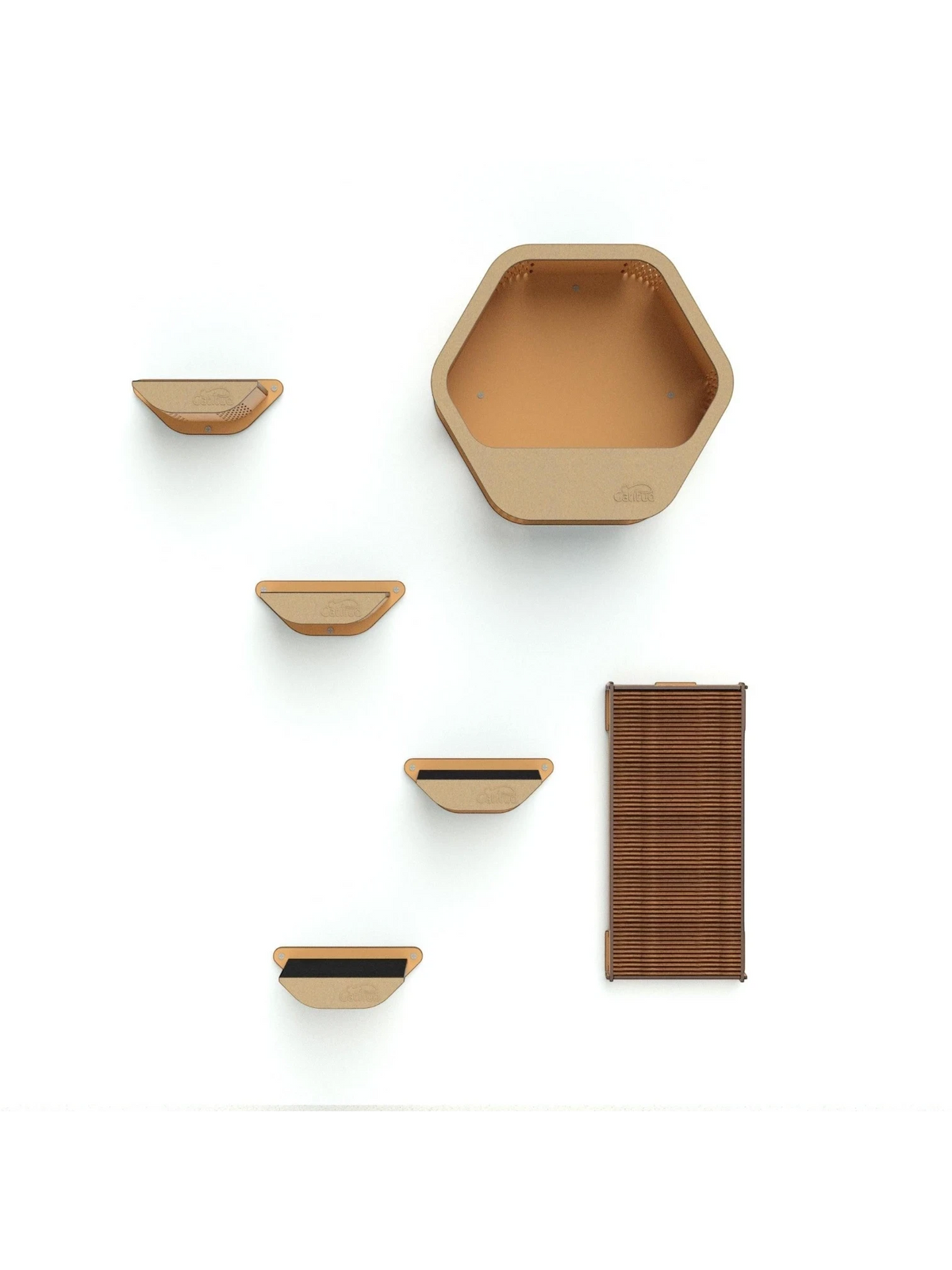 Gatitud Store modern wood cat wall furniture set with hexagonal perch, climbing steps, and scratching post.