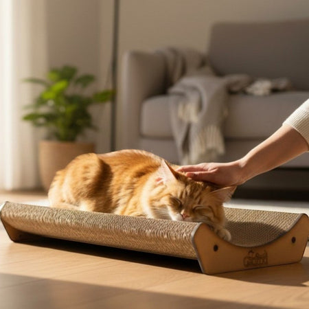 Gatitud Store curved cardboard cat scratcher lounger with an orange tabby cat resting on it.
